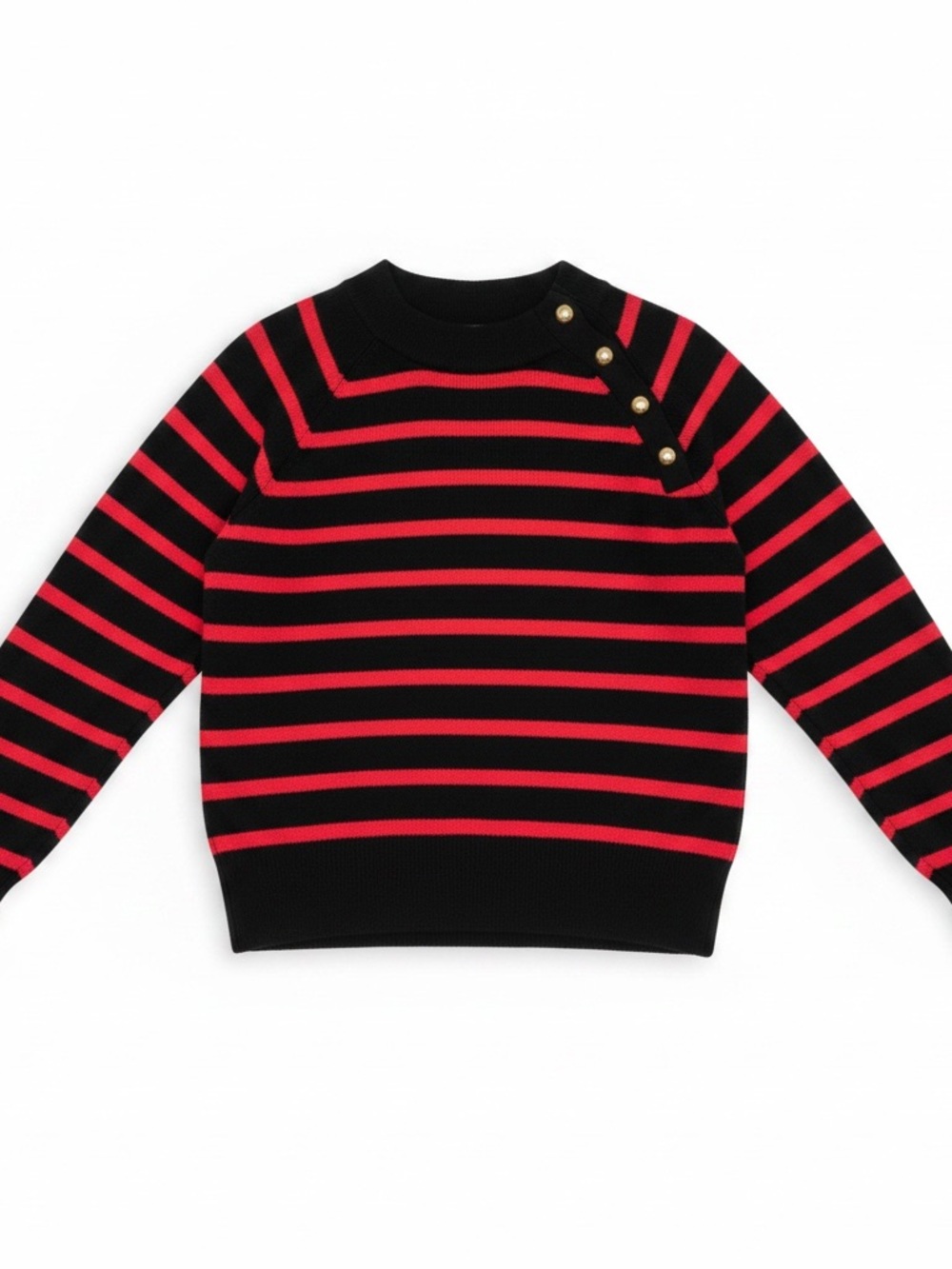 Black & Red Striped Knit Top with Gold Buttons - Women’s